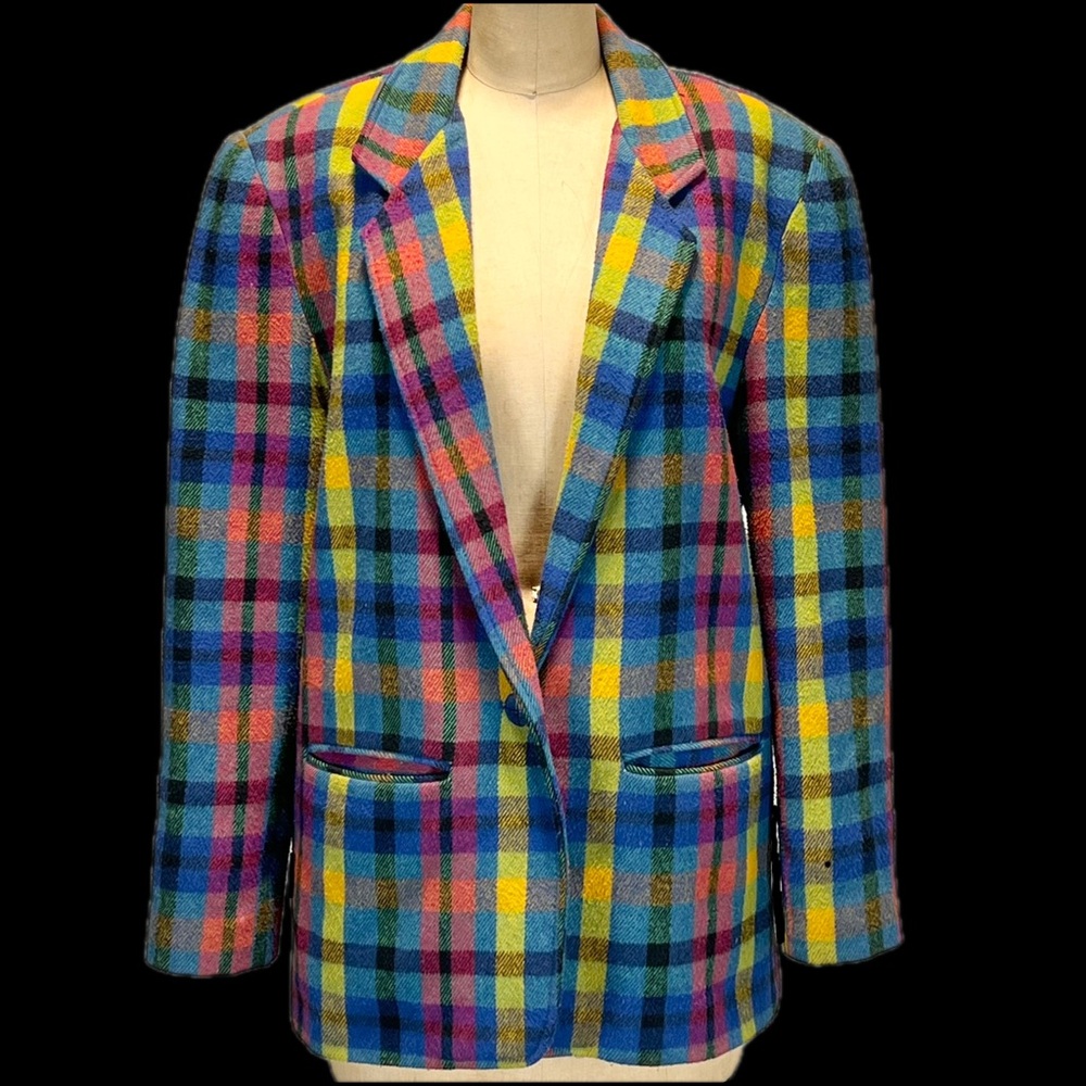 VINTAGE candy rainbow multicolor wool‎ blazer suit coat tartan plaid women’s 90s